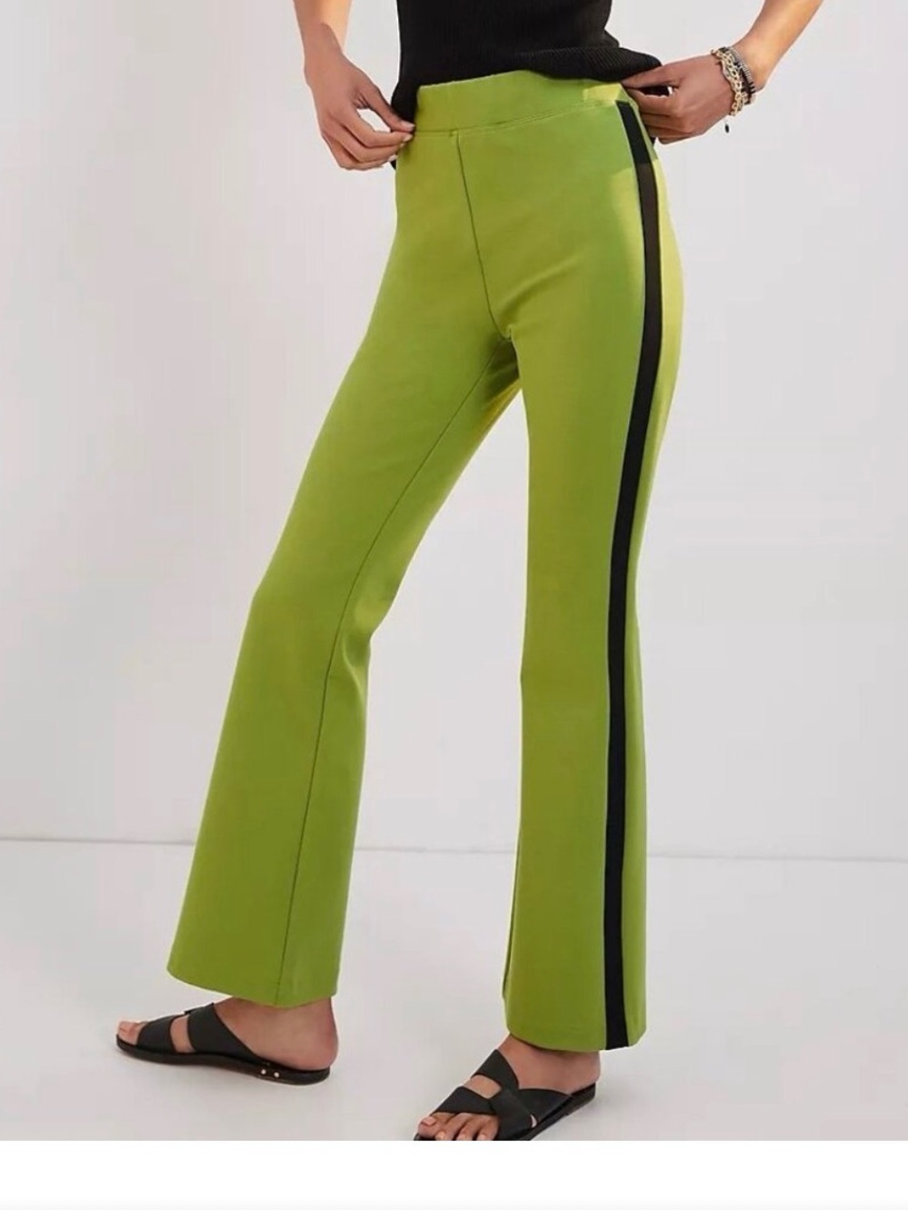 Anthropologie Maeve Lime Green Boot-Cut Ponte Pants with Black Side Stripe